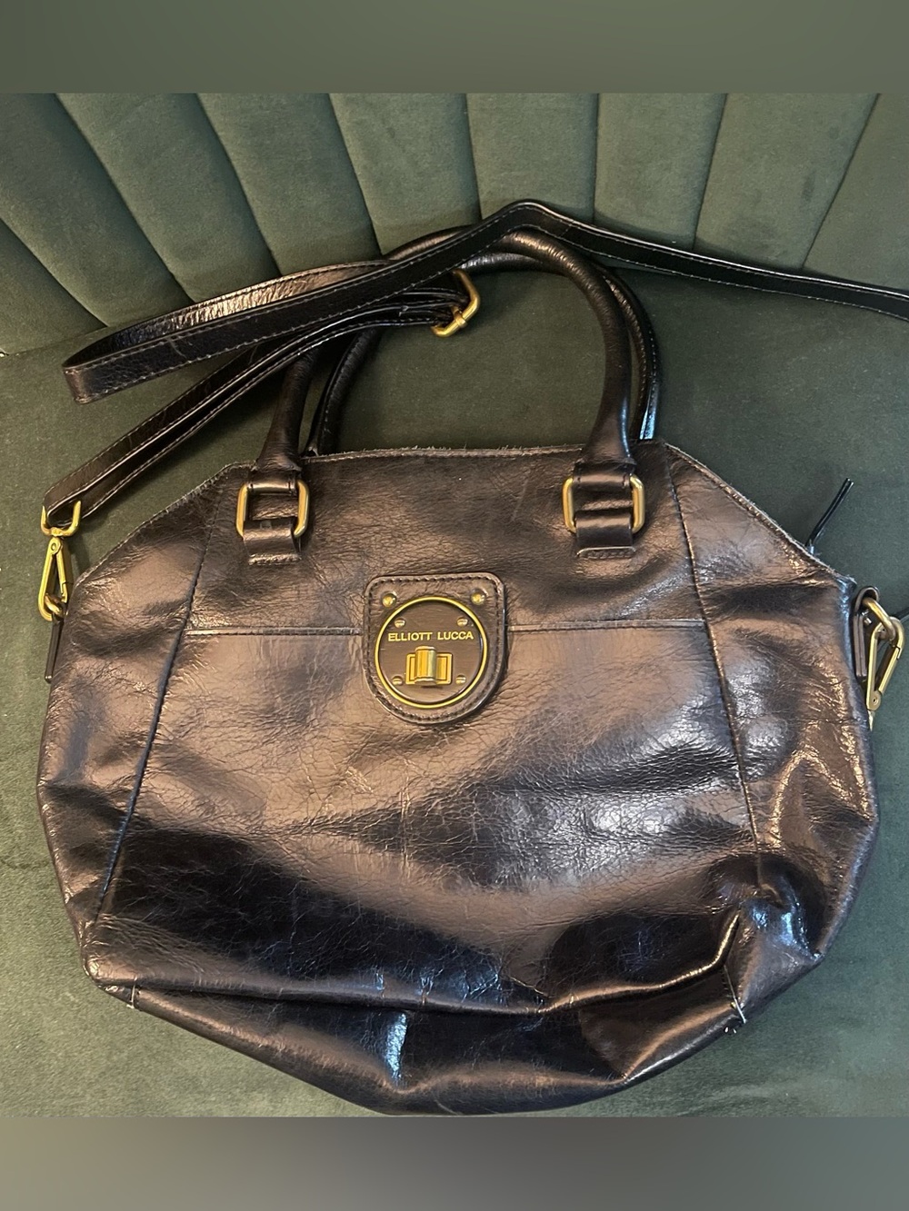 Elliott Lucca Black Leather Shoulder Bag with Brass Accents